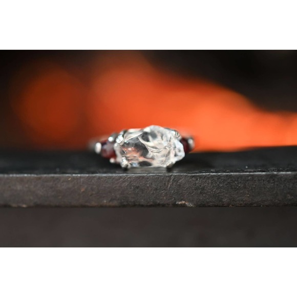 3 Stone Raw Diamond and Garnet Handmade Engagement Ring Rough Natural - Picture 4 of 8